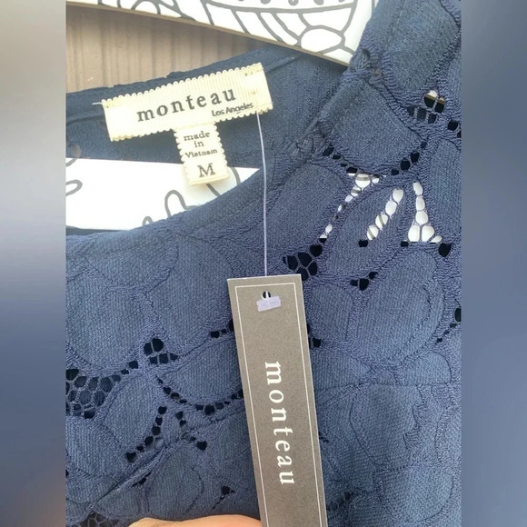 NWT MONTEAU Los Angeles Navy Blue Lace Shift Mini Dress Short Flutter Sleeve - Picture 7 of 9